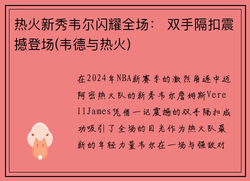 热火新秀韦尔闪耀全场： 双手隔扣震撼登场(韦德与热火)