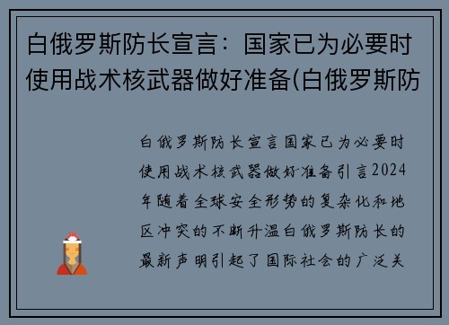 白俄罗斯防长宣言:国家已为必要时使用战术核武器做好准备(白俄罗斯防空导弹)