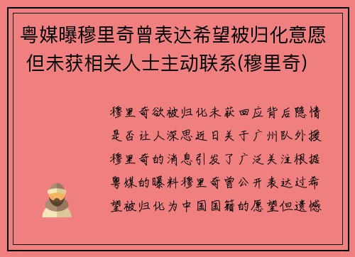 粤媒曝穆里奇曾表达希望被归化意愿 但未获相关人士主动联系(穆里奇)