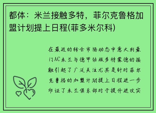 都体：米兰接触多特，菲尔克鲁格加盟计划提上日程(菲多米尔科)