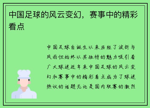 中国足球的风云变幻,赛事中的精彩看点