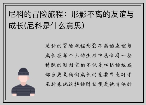 尼科的冒险旅程：形影不离的友谊与成长(尼科是什么意思)