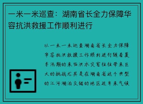 一米一米巡查：湖南省长全力保障华容抗洪救援工作顺利进行