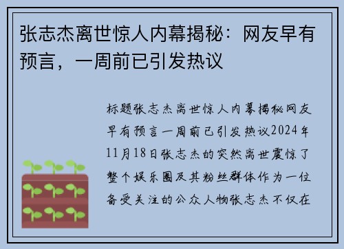 张志杰离世惊人内幕揭秘：网友早有预言，一周前已引发热议