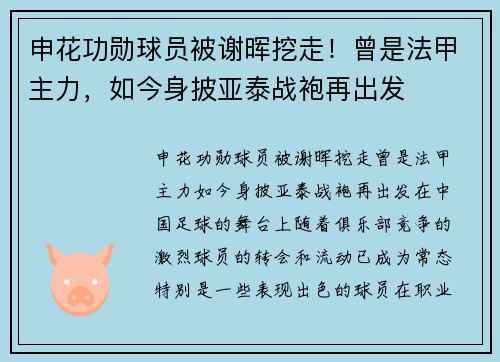 申花功勋球员被谢晖挖走！曾是法甲主力，如今身披亚泰战袍再出发